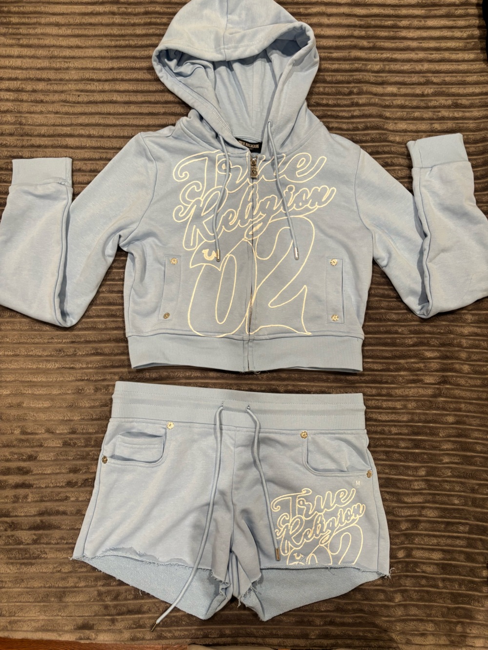 True Religion Light Blue Shrunken Zip Hoodie